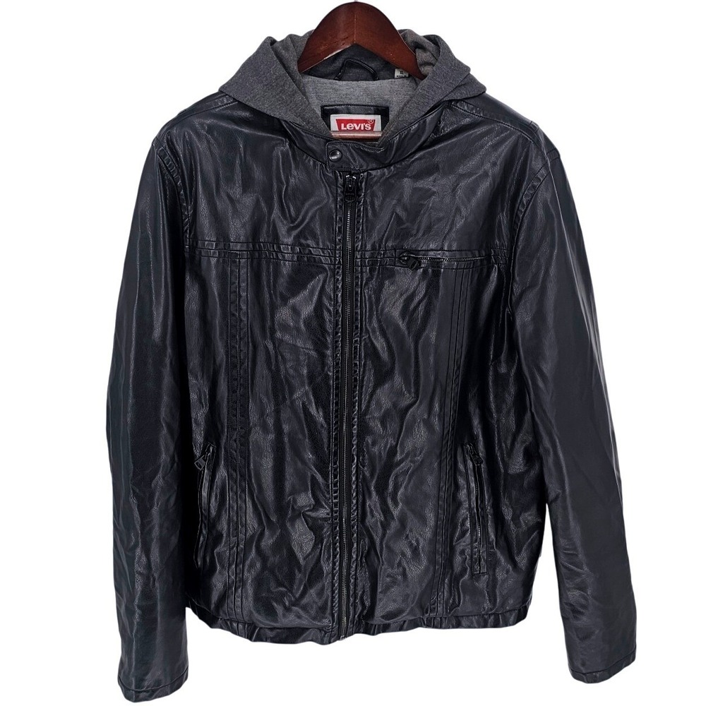 LEVIS Fauxโ Leather Trucker Coat Jacket Mens XL Jersey Hooded Lined Street Wear